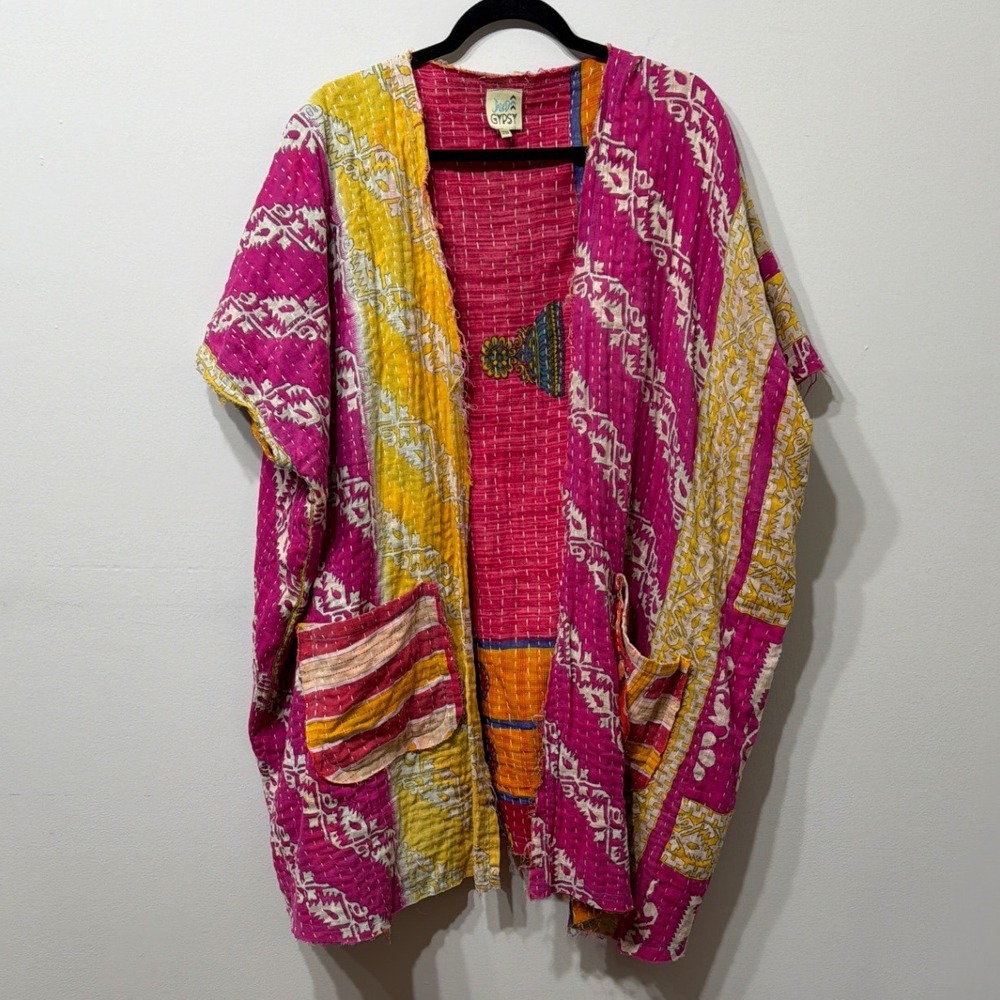 Jaded Gypsy Pink Yellow Kantha Duster Kimono Cotton Patchwork One Size Boho